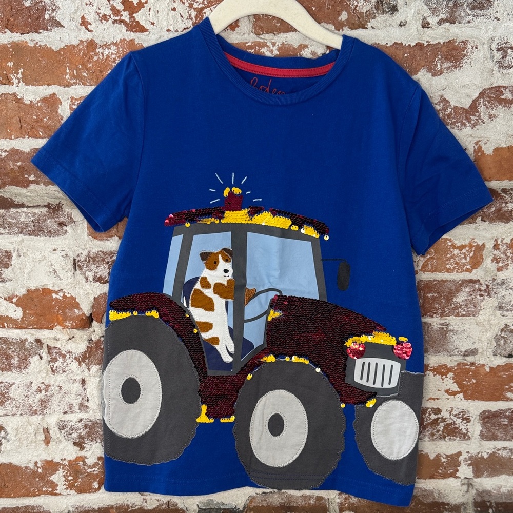 Mini Boden Appliqué Reverse Sequin Dog Truck Blue Tee Boys 8-9